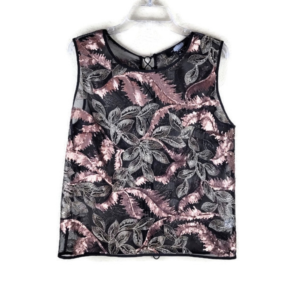 FairChild Women Top M Sheer Black Mesh Gold Sequin Metallic Lace Back Sleeveless